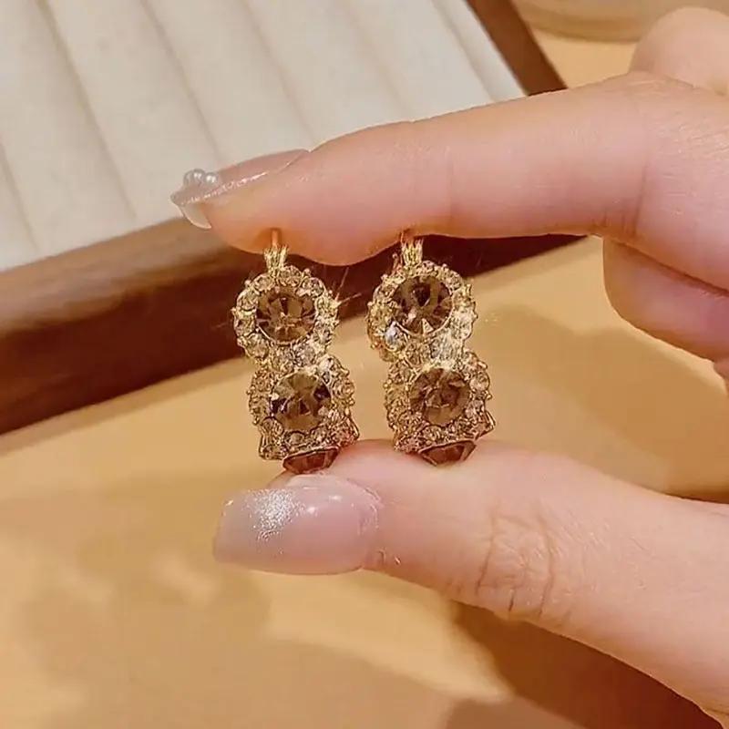 Pavé double-circle stud earrings, champagne crystal gold-tone | Hair Your Lux