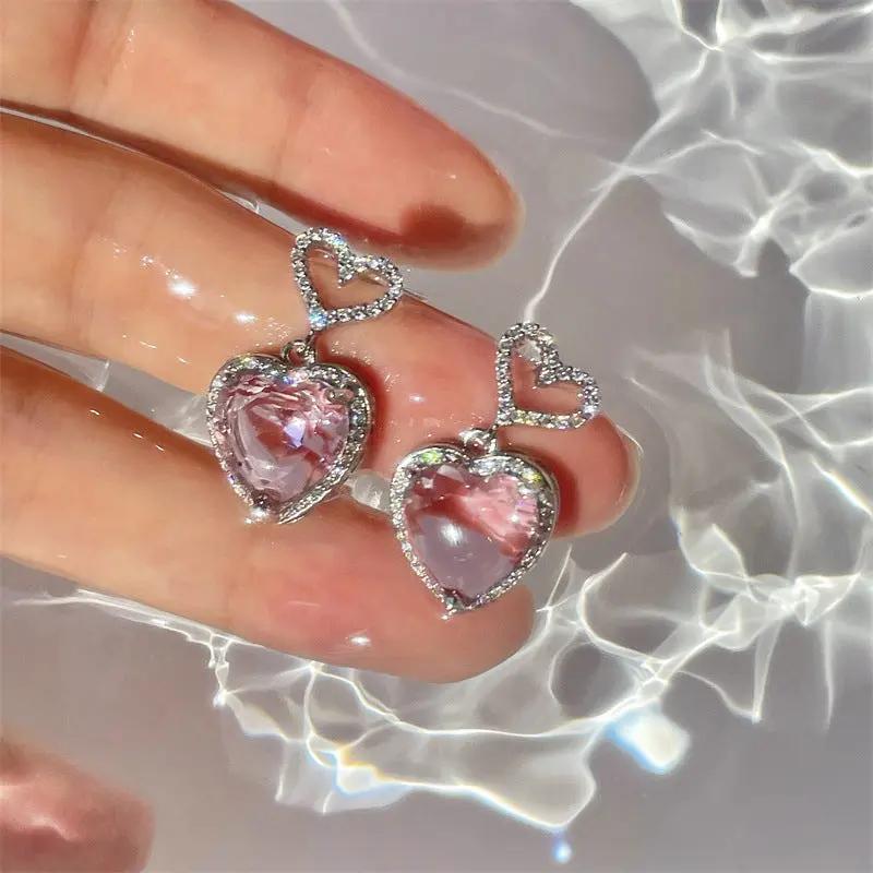 Pink crystal heart drop earrings with silver halo | Hair Your Lux