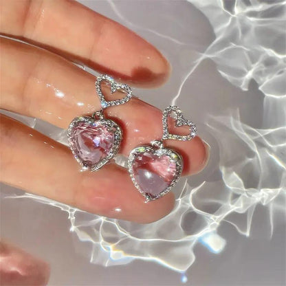 Pink crystal heart drop earrings with silver halo | Hair Your Lux