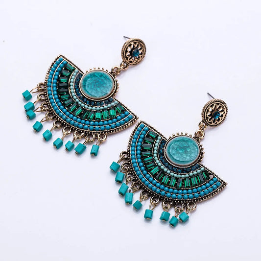 Bohemian beaded fan statement earrings, antique gold with fringe | Hair Your Lux