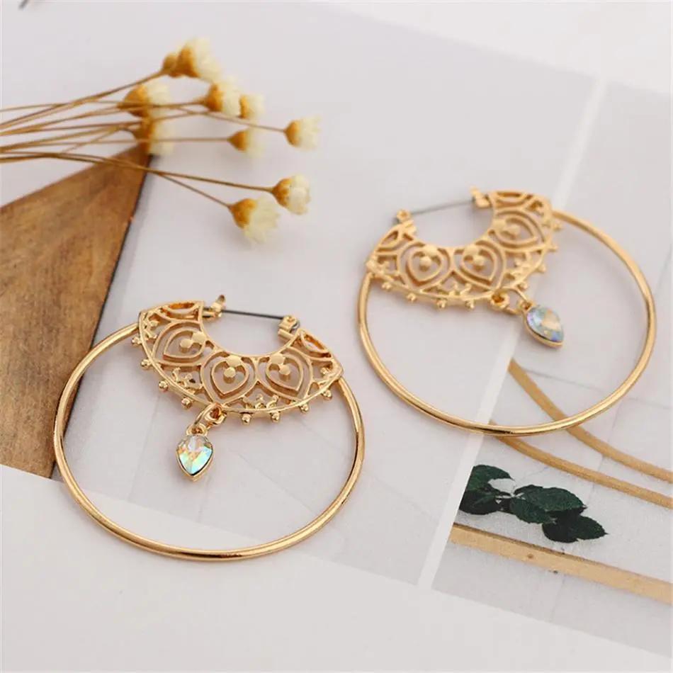 Boho gold hoop earrings with filigree crescent and crystal | Hair Your Lux