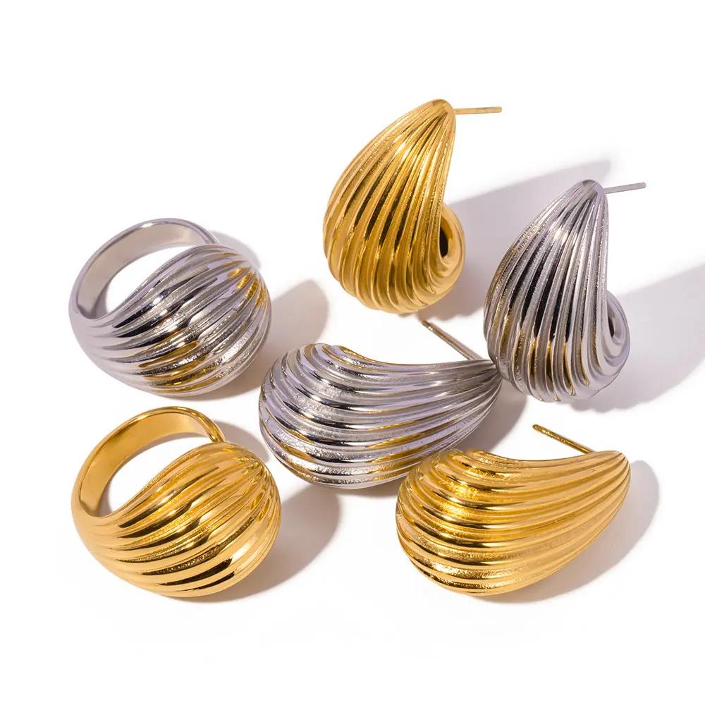 Ribbed teardrop stud earrings, polished gold-tone | Hair Your Lux