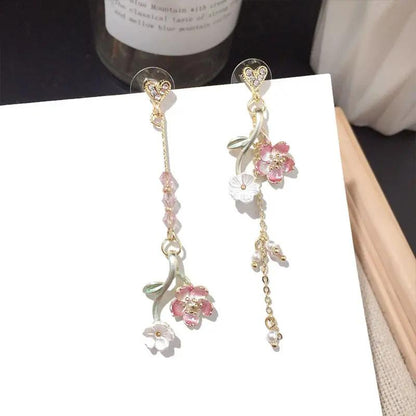 Enamel flower long drop earrings, floral design | Hair Your Lux