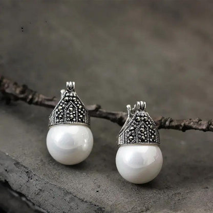 Sterling silver filigree earrings with mother-of-pearl drop, vintage | Hair Your Lux