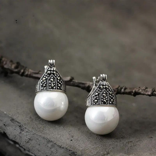 Sterling silver filigree earrings with mother-of-pearl drop, vintage | Hair Your Lux