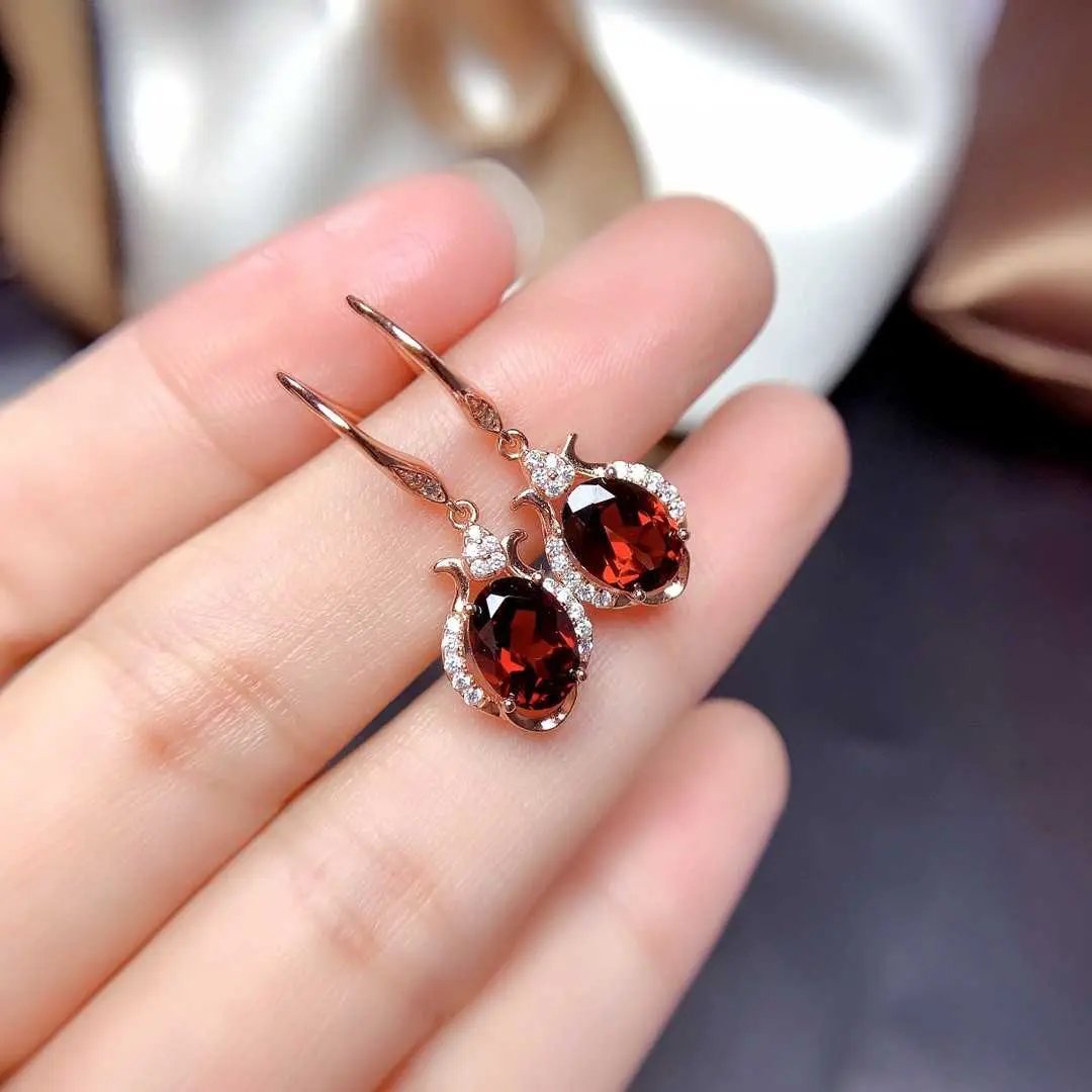 Garnet red oval drop earrings with crystal halo, rose gold | Hair Your Lux