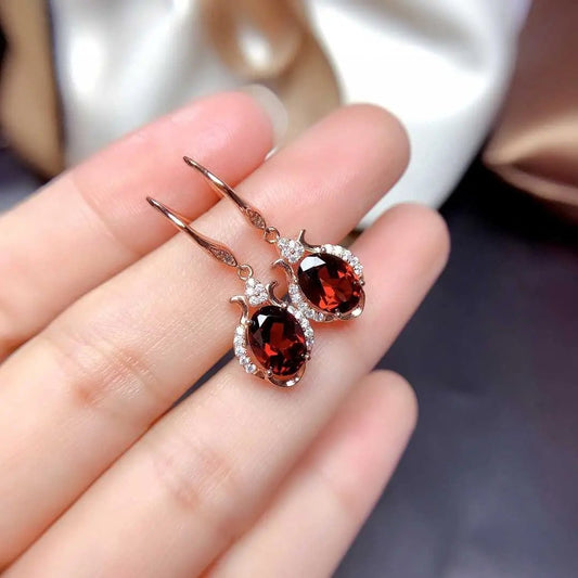 Garnet red oval drop earrings with crystal halo, rose gold | Hair Your Lux
