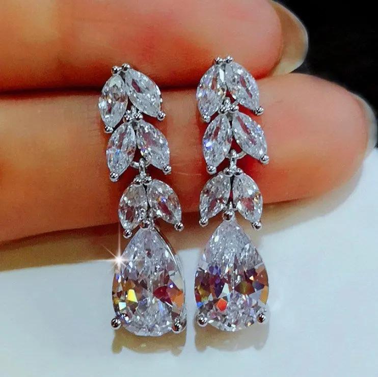 Crystal leaf-tier teardrop drop earrings, silver-tone bridal | Hair Your Lux