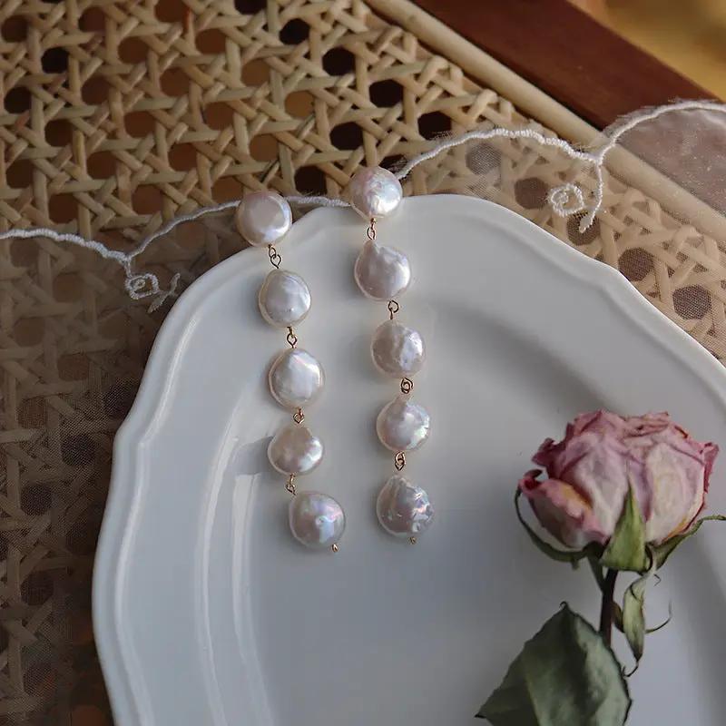 Linked coin pearl long drop earrings, mother-of-pearl | Hair Your Lux