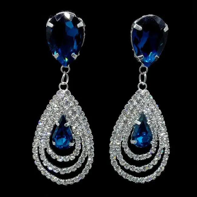 Silver-tone crystal teardrop statement drop earrings with blue stones | Hair Your Lux