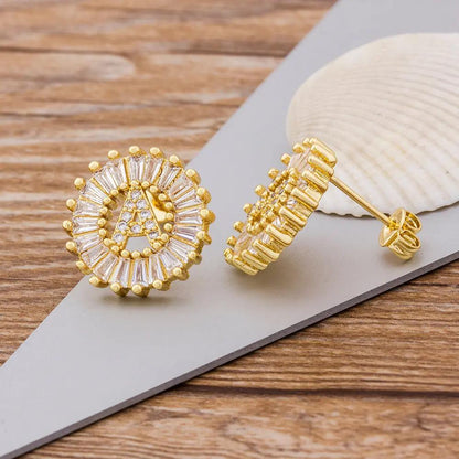 Crystal initial stud earrings, gold circle with letter | Hair Your Lux