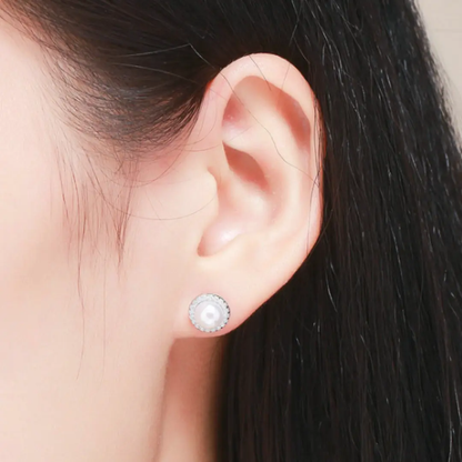 Round pearl and crystal halo stud earrings, 925 sterling silver | Hair Your Lux
