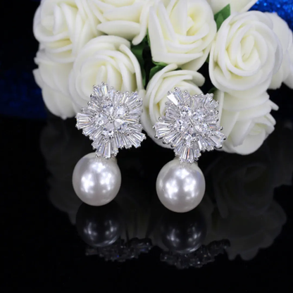 Cubic zirconia starburst and pearl drop bridal earrings | Hair Your Lux