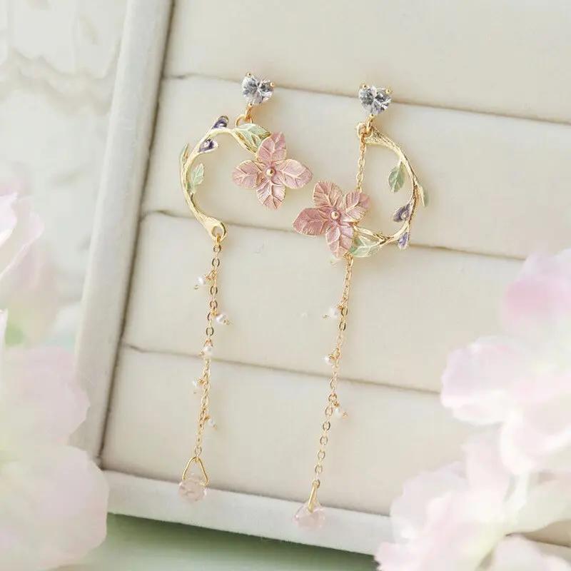 Long floral vine drop earrings, enamel flowers on gold-tone chain | Hair Your Lux