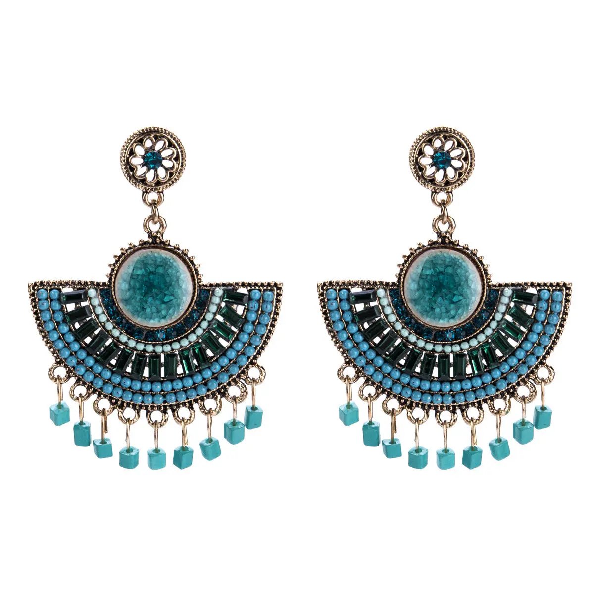 Boho fan earrings with colourful beadwork and bead fringe | Hair Your Lux