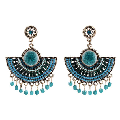 Boho fan earrings with colourful beadwork and bead fringe | Hair Your Lux