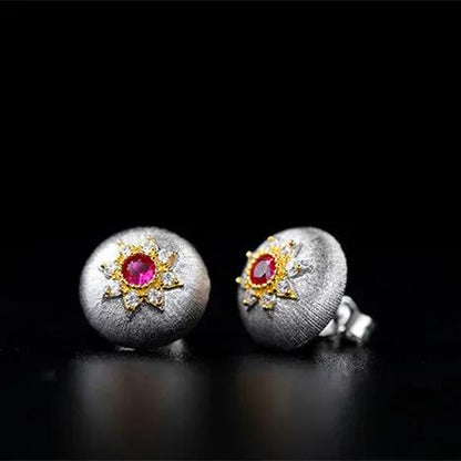 Silver brushed button stud earrings, starburst crystal | Hair Your Lux