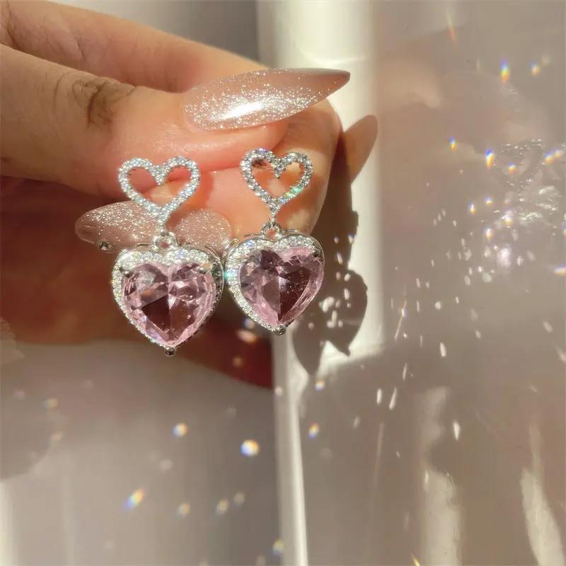 Faceted rose-pink heart earrings, crystal halo | Hair Your Lux