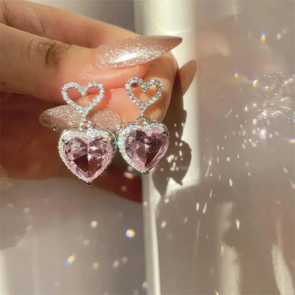 Faceted rose-pink heart earrings, crystal halo | Hair Your Lux