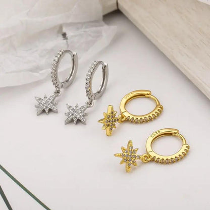 Crystal star huggie hoop earrings with eight-pointed star charm, gold-tone | Hair Your Lux