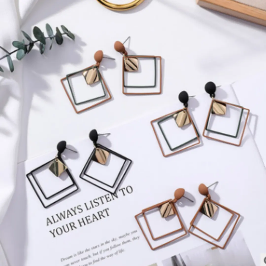 Geometric open-square drop earrings, gold-tone modern design | Hair Your Lux