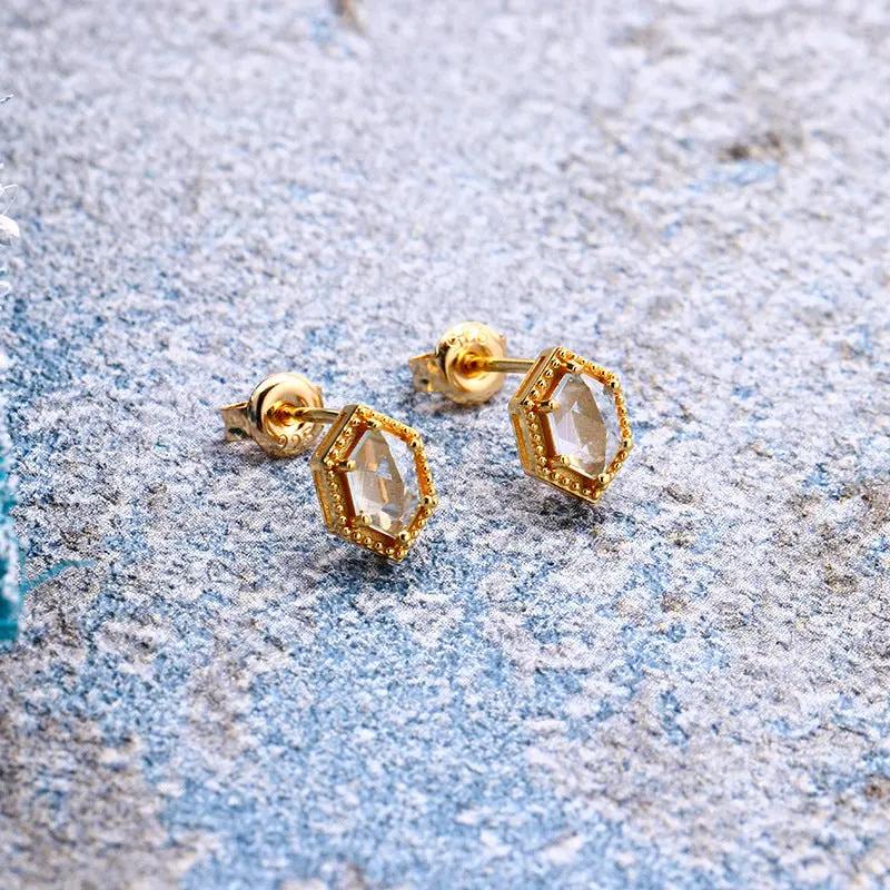 Sky-blue emerald-cut crystal stud earrings with milgrain halo | Hair Your Lux