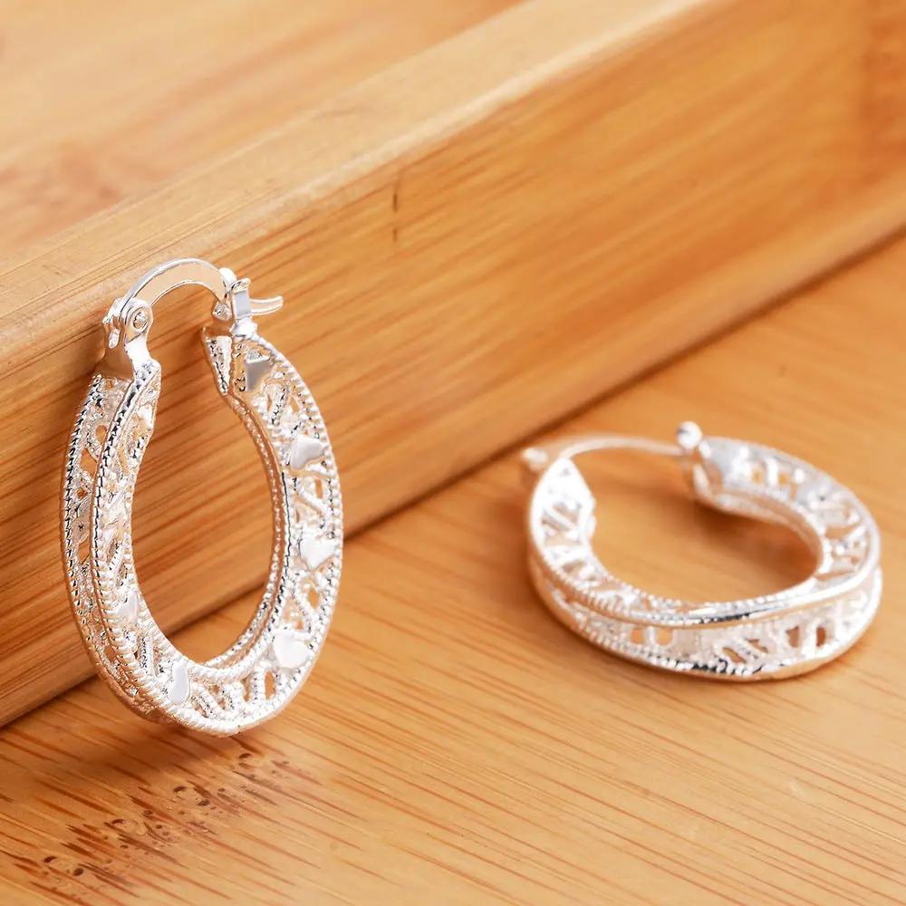 Openwork filigree hollow heart hoop earrings, silver-tone vintage | Hair Your Lux