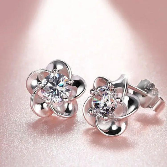 Crystal flower stud earrings, silver-tone cubic zirconia bloom | Hair Your Lux