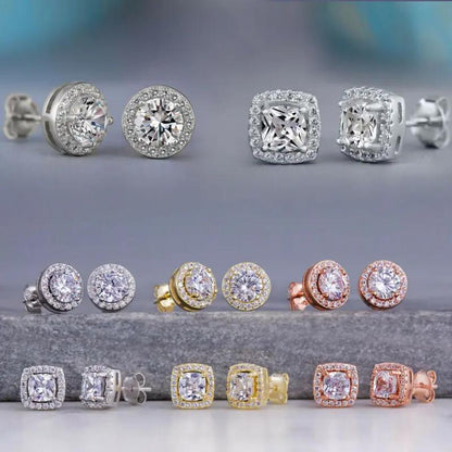 Crystal halo stud earrings, round and cushion cut, three metals | Hair Your Lux