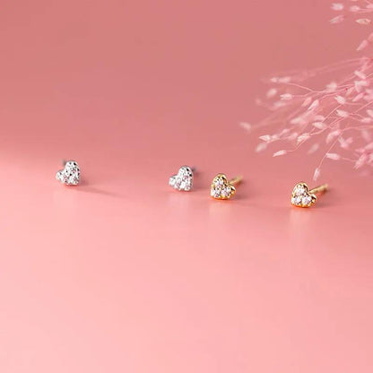 Tiny crystal heart stud earrings, gold-tone and silver-tone | Hair Your Lux