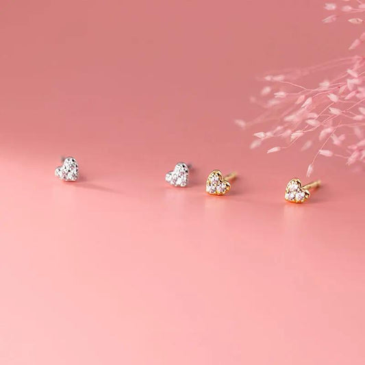 Tiny crystal heart stud earrings, gold-tone and silver-tone | Hair Your Lux