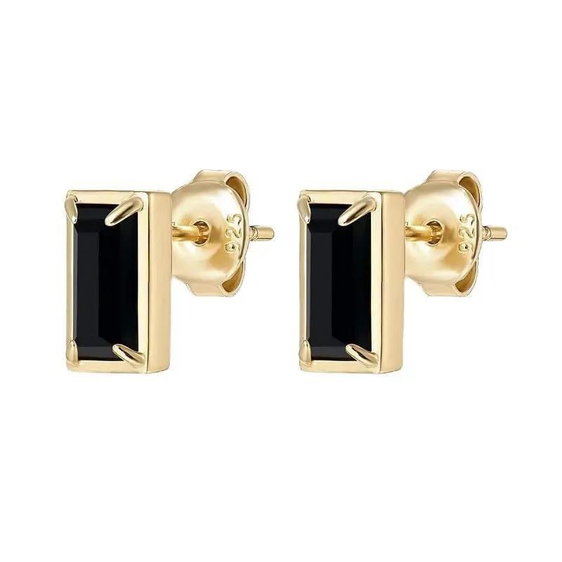 Gold-tone climber earrings with baguette-cut black stones, worn | Hair Your Lux