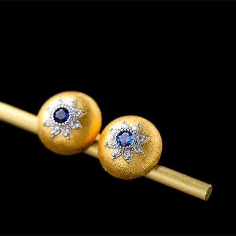 Brushed gold dome button stud earrings with crystal star bezel | Hair Your Lux