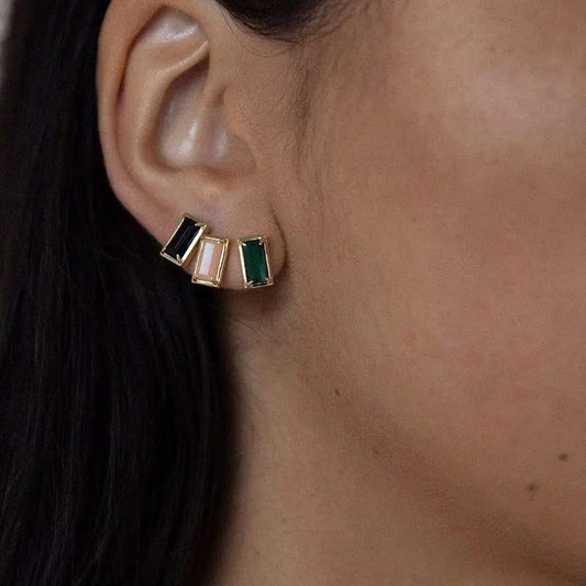 Black baguette crystal ear climber studs, gold-tone minimalist | Hair Your Lux
