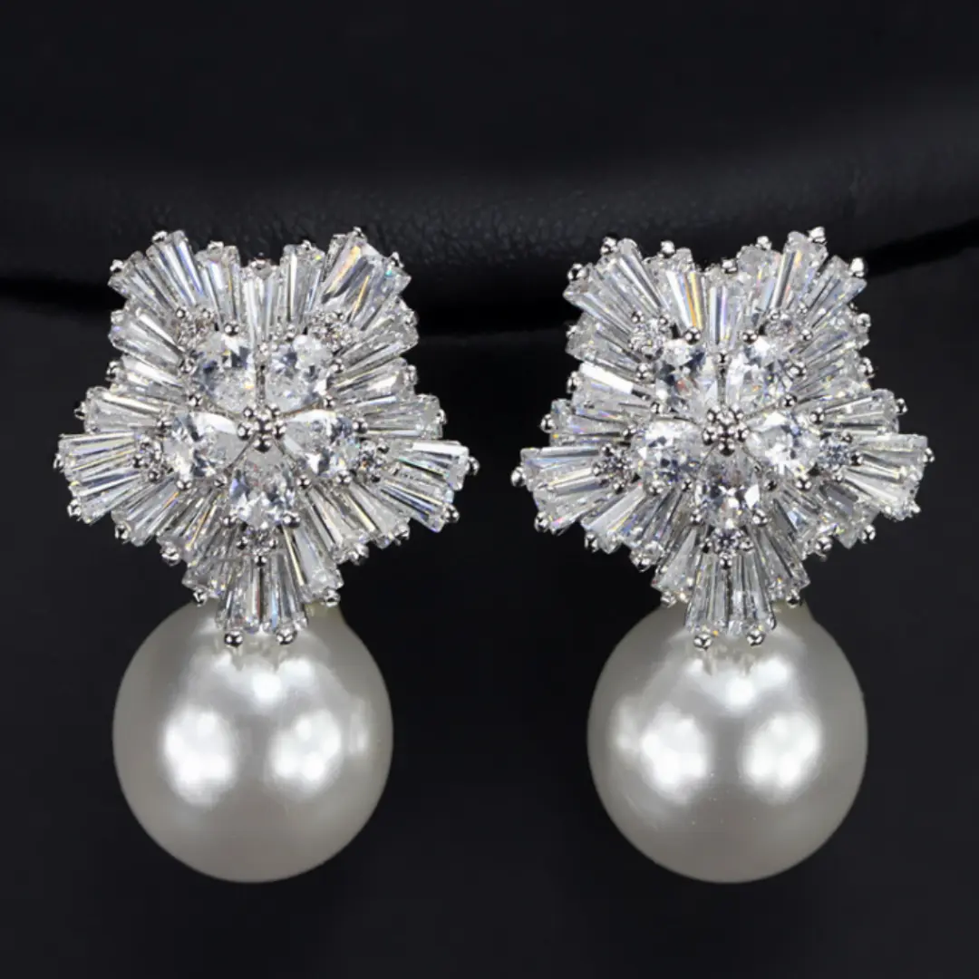 Crystal firework cluster earrings with large pearl drop, silver-tone | Hair Your Lux