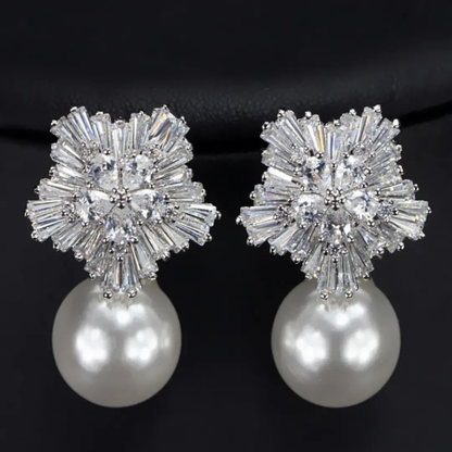 Crystal firework cluster earrings with large pearl drop, silver-tone | Hair Your Lux