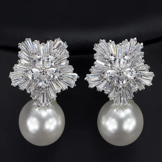 Crystal firework cluster earrings with large pearl drop, silver-tone | Hair Your Lux