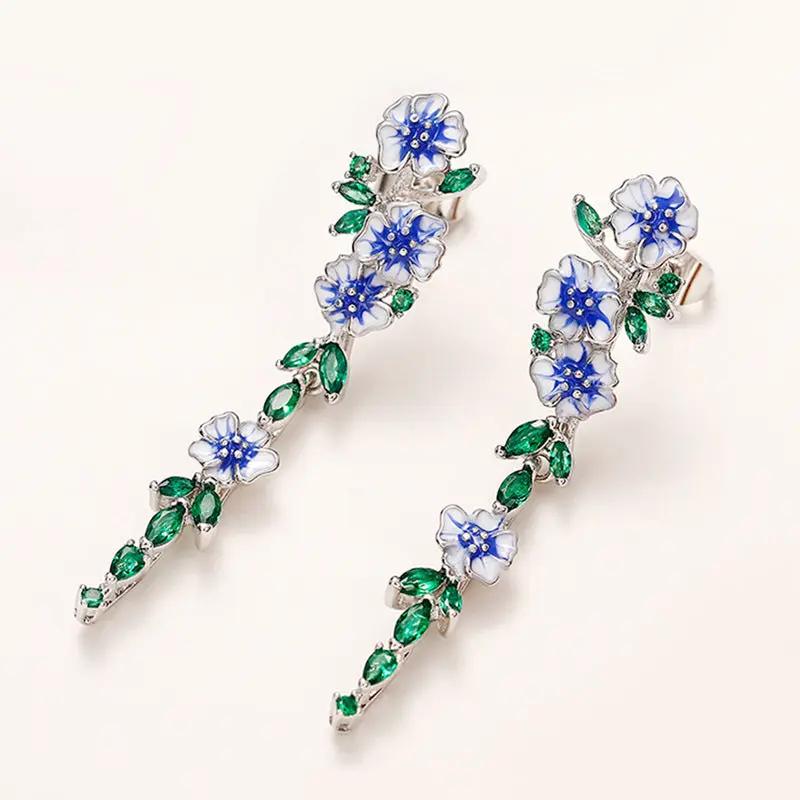 Long blue floral chain earrings, silver-tone botanical | Hair Your Lux