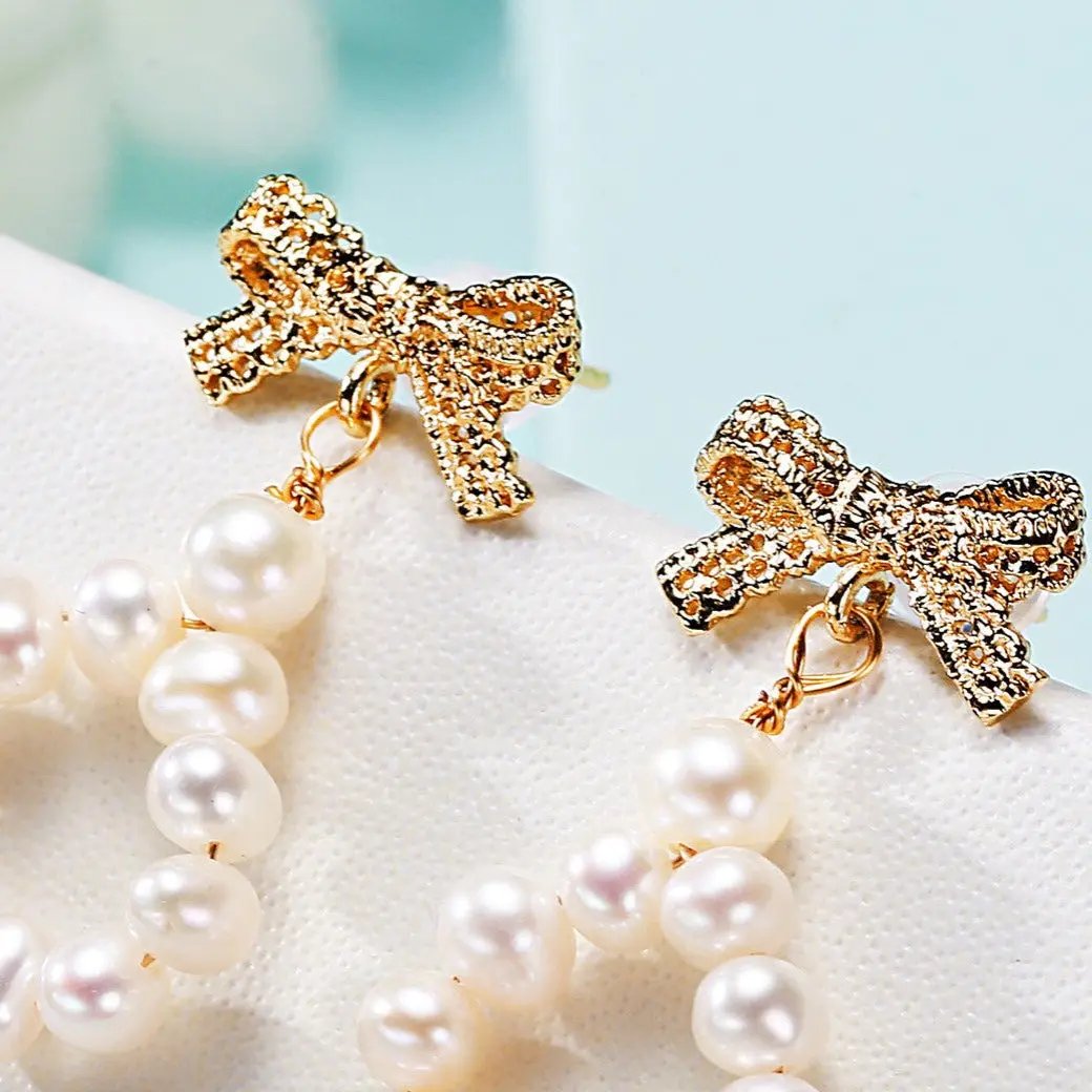 Pearl loop drop earrings with gold ribbon bow | Hair Your Lux