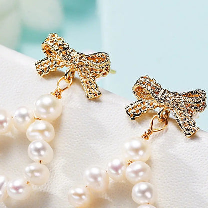 Pearl loop drop earrings with gold ribbon bow | Hair Your Lux