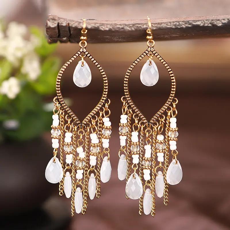Bohemian chandelier drop earrings, antique gold with waterdrop stones | Hair Your Lux