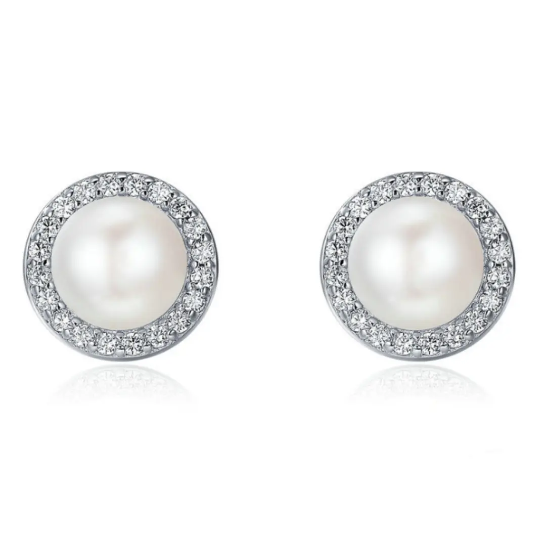 Freshwater pearl stud earrings with cubic zirconia halo, sterling silver | Hair Your Lux