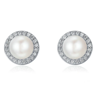 Freshwater pearl stud earrings with cubic zirconia halo, sterling silver | Hair Your Lux