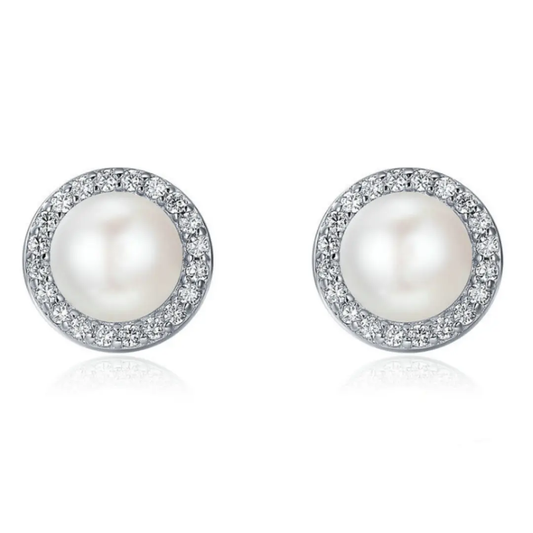 Freshwater pearl stud earrings with cubic zirconia halo, sterling silver | Hair Your Lux