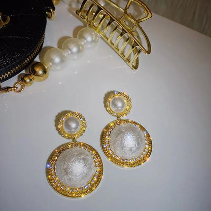 Pearl dome drop earrings with crystal frame, bridal | Hair Your Lux