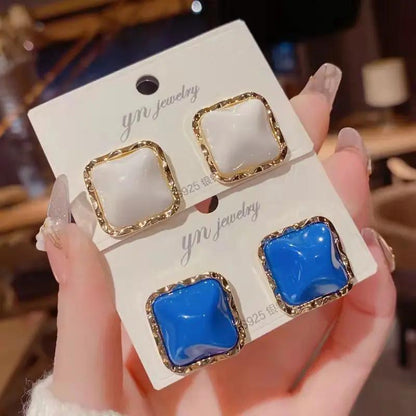 Glossy square stud earrings with gold frame, blue and white | Hair Your Lux