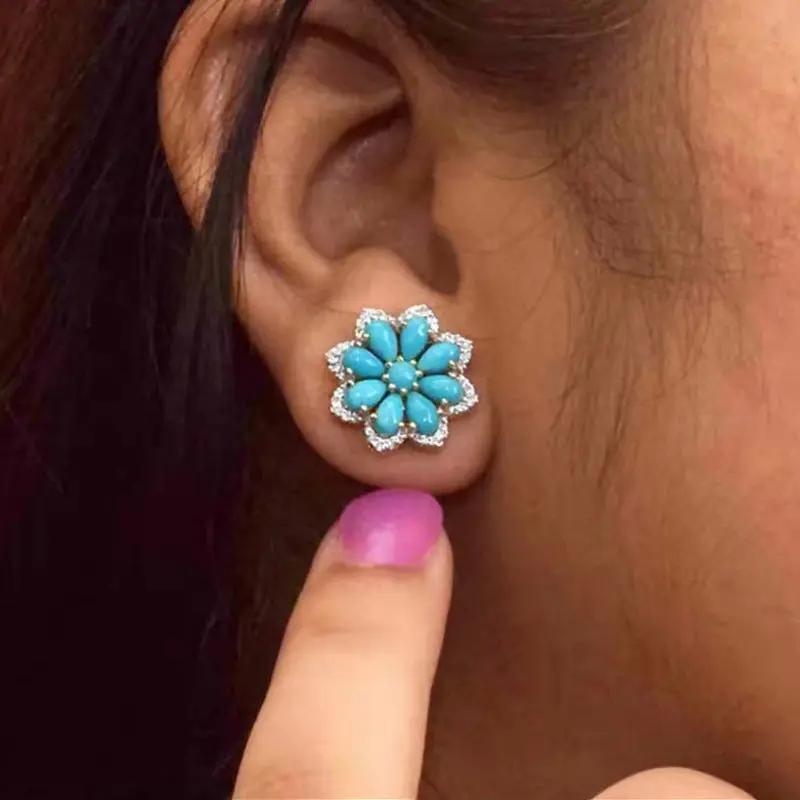 Boho turquoise flower studs with crystal edging | Hair Your Lux
