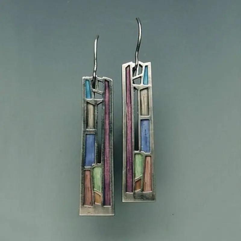 Bohemian mixed-colour long rectangular drop earrings, stained-glass effect | Hair Your Lux
