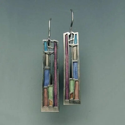 Bohemian mixed-colour long rectangular drop earrings, stained-glass effect | Hair Your Lux