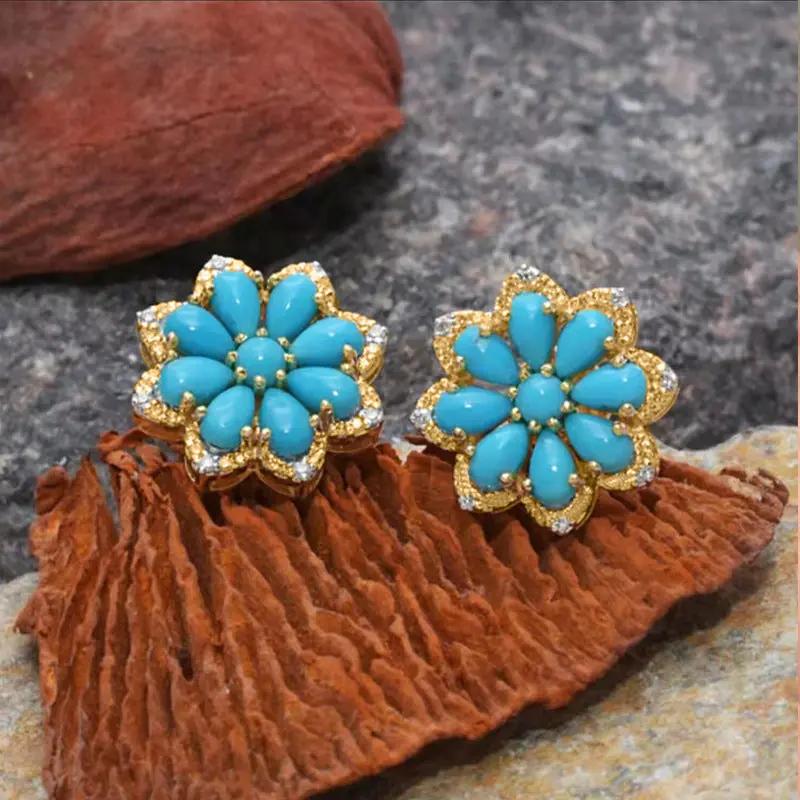 Turquoise flower cluster stud earrings, gold-tone | Hair Your Lux